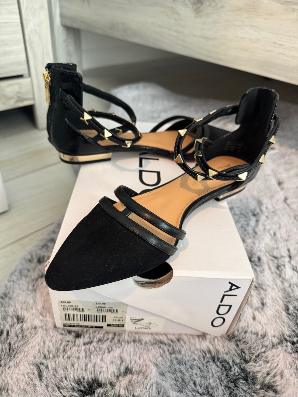 ALDO “Locadi” Black Pointed Toe Studded Strappy Flats